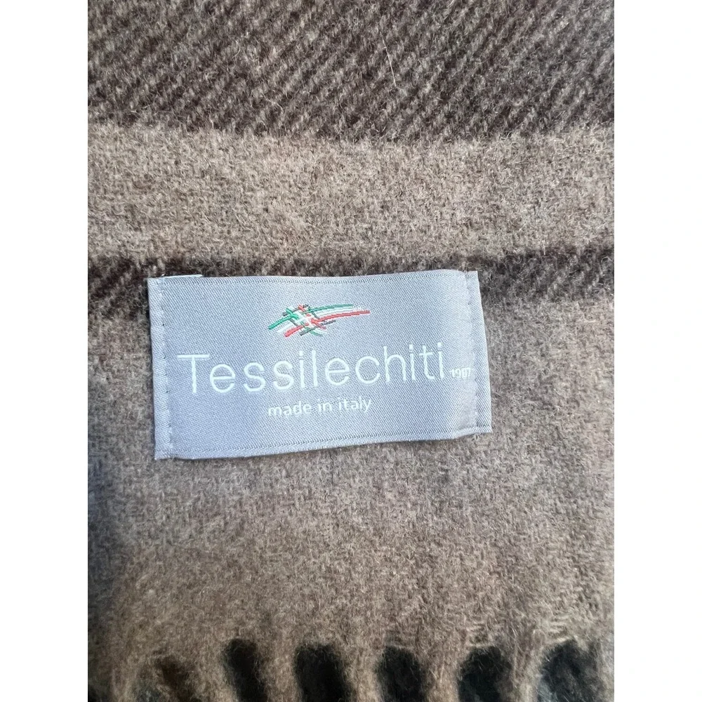 Tessilechiti Brown Cream Plaid Wool/Cashmere Fringed Throw Car Blanket 51